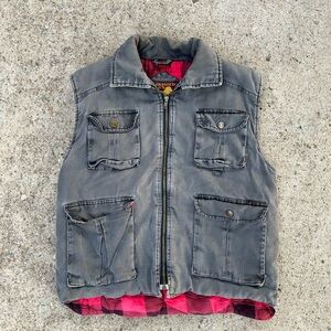 Vintage 90s Branded Lion Mens L Worn Grey Plaid Lined Collared Vest Jacket